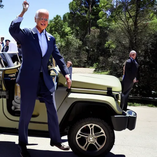 Image similar to Joe Biden carrying a Jeep mounted rifle, AP photography, full body shot, dynamic pose