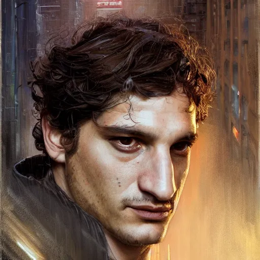 Image similar to louis garrel, hyperrealistic portrait, bladerunner street, art of elysium by jeremy mann and alphonse mucha, fantasy art, photo realistic, dynamic lighting, artstation, poster, volumetric lighting, very detailed face, 4 k, award winning