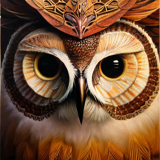 Image similar to a ultradetailed beautiful concept art of a an intricate wooden mask of an owl painted with beautiful colors, but the mask hide some dark secret, photorealism, ome reflexion in eyes, sharp details, volumetric light, high resolution 4 k, by tom bagshaw, greg rutkowski, charli bowater and artgeem