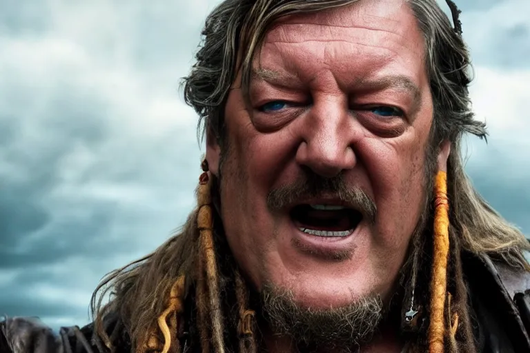 Prompt: promotional image of stephen fry as a gritty pirate captain in the new Pirate of the Carribean movie, dark stormy weather, detailed face, movie still frame, promotional image, imax 70 mm footage