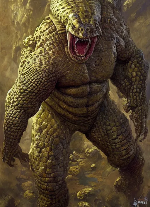 Prompt: brock lesnar as reptilian beast wearing scifi armour suit, dynamic action, by lawrence alma - tadema and zdzislaw beksinski and norman rockwell and jack kirby and tom lovell and greg staples, artstation creature art