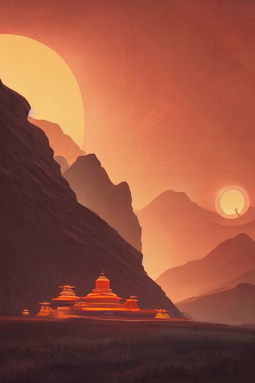 Image similar to tibetan temple glowing orange in canyon, geometric lines and planets in the sky, dramatic lighting, artstation, matte painting, ralph mcquarrie, simon stalenhag