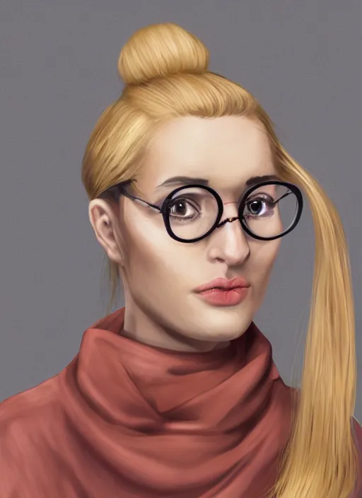 Image similar to a severe french woman with blonde hair tied in a strict bun, spectacles, lots of makeup, rich, character portrait, digital art, high quality, 8 k, detailed, d & d character,