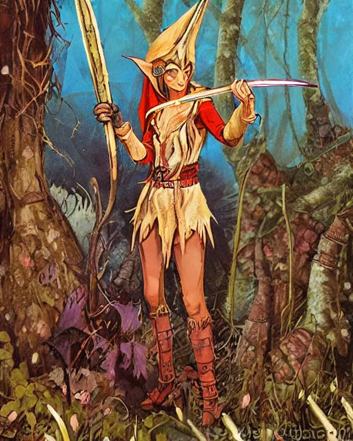 Prompt: moonshine cybin, buxom epic level dnd wood elf spore druidess, wielding a magical sword, wearing magical overalls. covered in various fungi. full character concept art, realistic, high detail painting by angus mcbride and michael whelan and michael william kaluta.