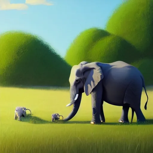 Prompt: an elephant on a green meadow ilustration art by Goro Fujita, ArtStation