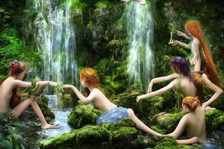 Prompt: beautiful forest dryads playing a quiet game of chess by a mystical waterfall, tranquil scene