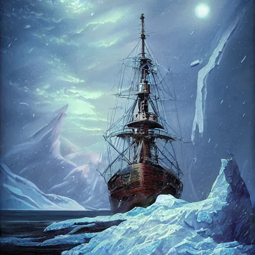 Prompt: a victorian era exploration frigate lost in the arctic, attacked by a lovecraftian monster, in a snowstorm art by artgerm and Todd Shorr, featured on artstation