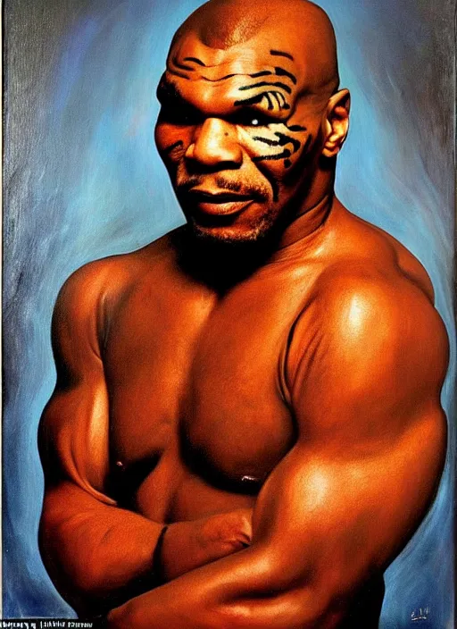 Image similar to oil portrait of mike tyson : : evocative of lurid, grisly, disgusting picture of dorian grey : : painted by chicago painter ivan albright in 1 9 4 5