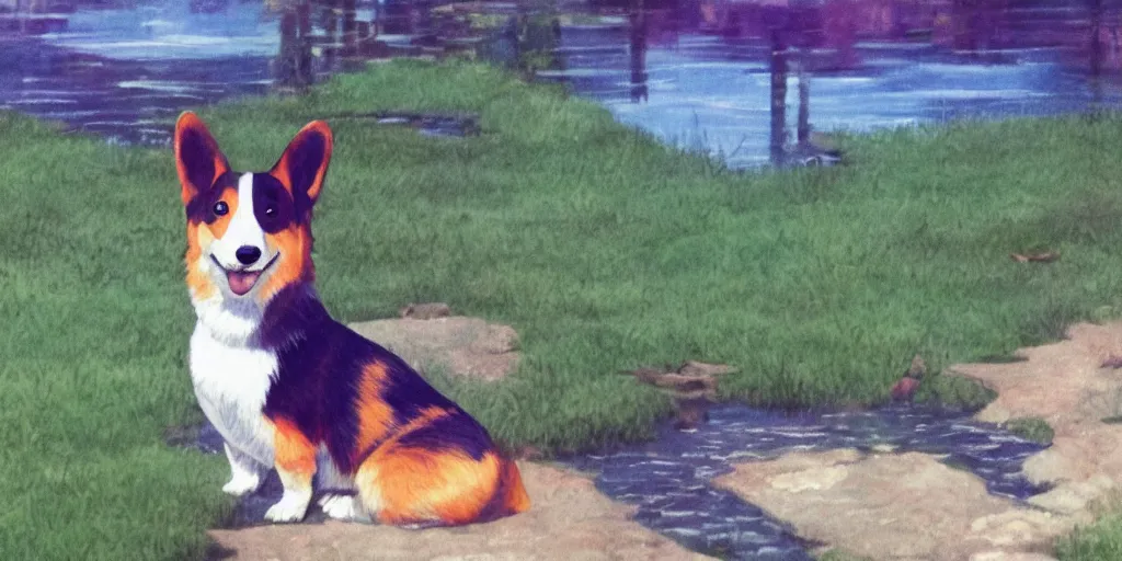 Prompt: A singular corgi by the pond, there is blue sky, there is water splash, the atmosphere is cheerful, the colors are bright, high picture quality, by Makoto Shinkai