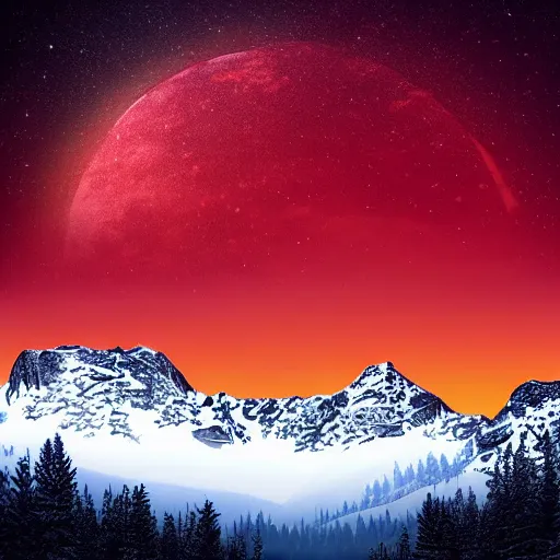 Image similar to A forested valley surrounded by snow-capped mountains at night, a red nebula and orange gas giant with rings in the sky, no clouds, sci-fi, photorealistic