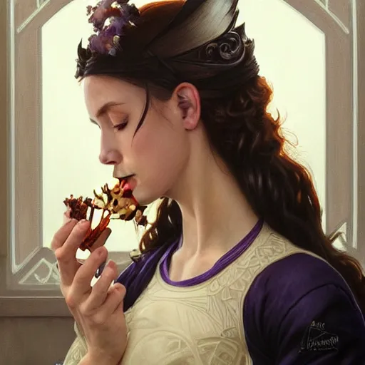 Image similar to portrait of the ravens greg roman eating hamburgers, extra onions and ketchup, luscious patty with sesame seeds, feminine ethereal, handsome, d & d, fantasy, intricate, elegant, highly detailed, digital painting, artstation, concept art, matte, sharp focus, illustration, art by artgerm and greg rutkowski and alphonse mucha