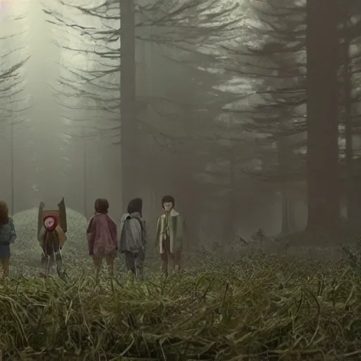 Prompt: minions in the stranger things upside down world, realistic, photography, award winning, 8 k, wide shot, still frame from the princess mononoke film, in the woods at night, overgrown grass, dramatic, animals, gloomy, volumetric light, ground mist, cinematic, filmic,