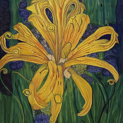 Image similar to an abstract and detailed painting of a lilies buke made out of geometric shapes, using gold paint like gustav klimt