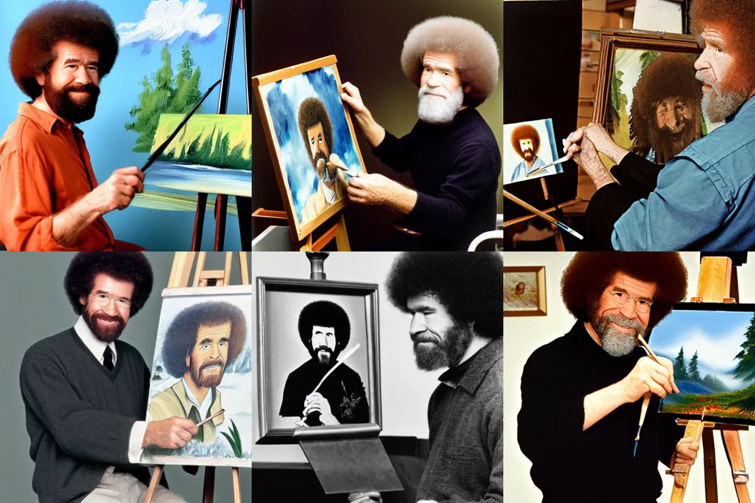 Prompt: a photo of Bob Ross painting a selfportrait