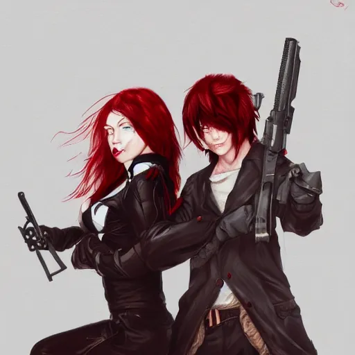 Prompt: a concept art of a boy and a girl with red hair holding a gun, gothic clothes, action shot, highly detailed, digital painting, artstation, concept art, smooth, sharp focus, illustration