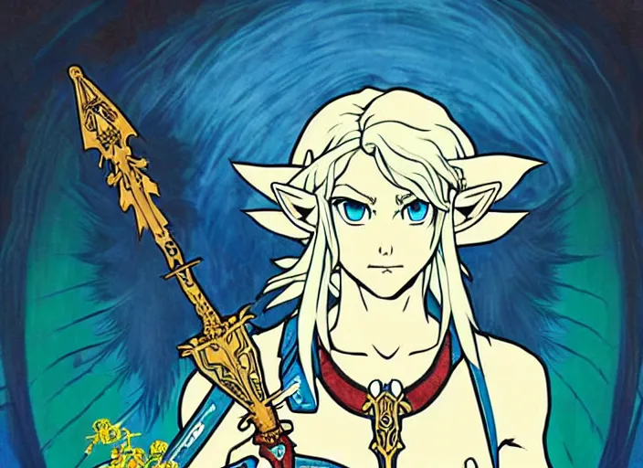 Prompt: link as the fierce diety form with white hair!! from the legend of zelda!! portrait illustration, pop art, splash painting, art by geof darrow, ashley wood, alphonse mucha, makoto shinkai