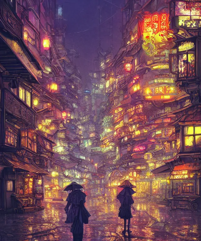 Image similar to insane perspective of colorful street vue from steampunk tokyo prague, intricate details, realistic shaded , humid ground, highly detailed, artstation, painting by François Schuiten and moebius, disney fantasy style, people and creatures walking, volumetric light, neon lights, rainy mood