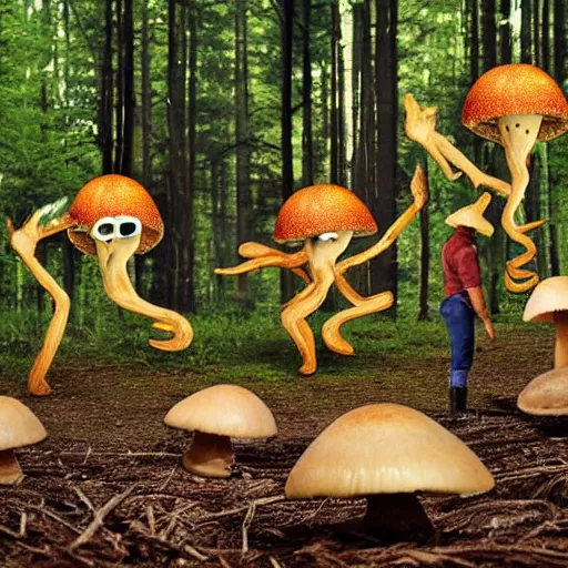 Image similar to Aliens in the shape of mushrooms being harvested by hippies in the woods, with UFO flying around, realistic