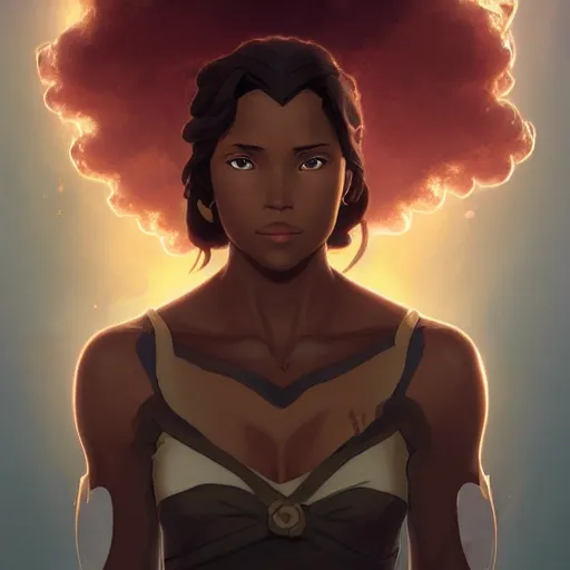 Image similar to Portrait of Avatar Korra, Legend of Korra, melanated brown skin, afro, black intricate, elegant, highly detailed, digital painting, artstation, concept art, smooth, sharp focus, illustration, art by artgerm and greg rutkowski and alphonse mucha