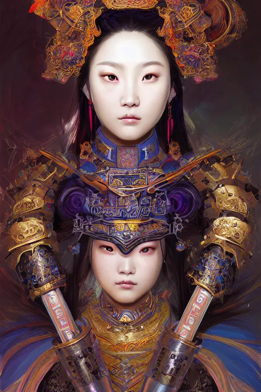 Image similar to beautiful and divine and holy and elite and colorlpunk three kingdom chinese female armor knight portrait like twice tzuyu+shinnyy eyes+front face with light flowing hair, ultradetail face, art and illustration by tian zi and craig mullins and WLOP and alphonse mucha, fantasy, intricate complexity, human structure, human anatomy, fantasy character concept, watermark, blurry, hyperrealism 8k