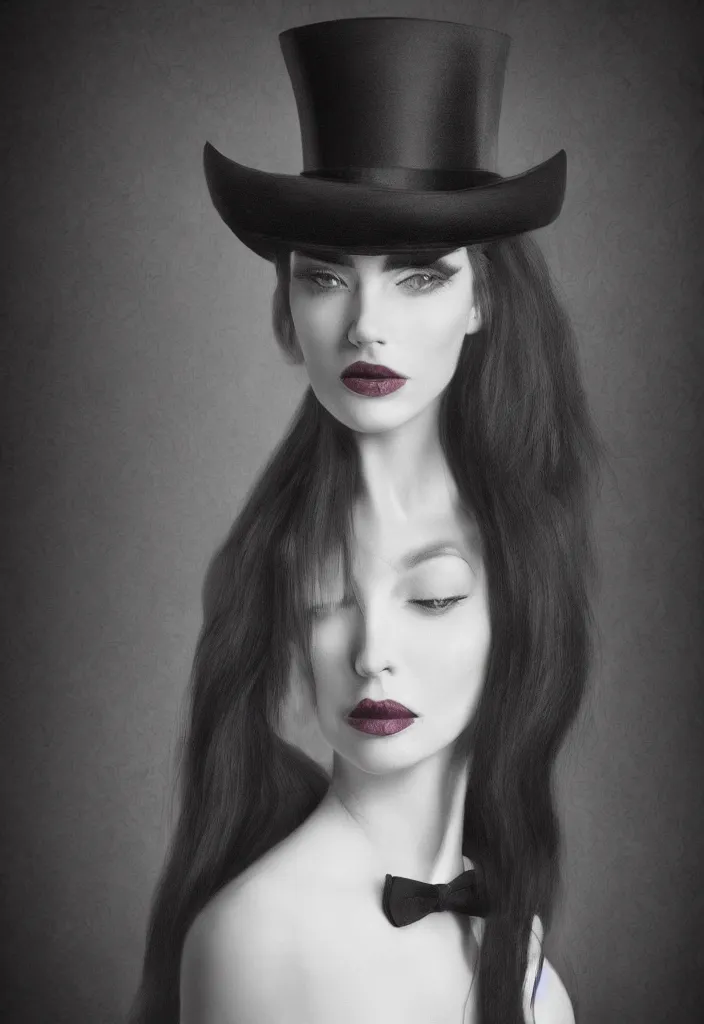 Image similar to elegant long hair lady wearing gentleman suit and tophat portrait photorealism noir