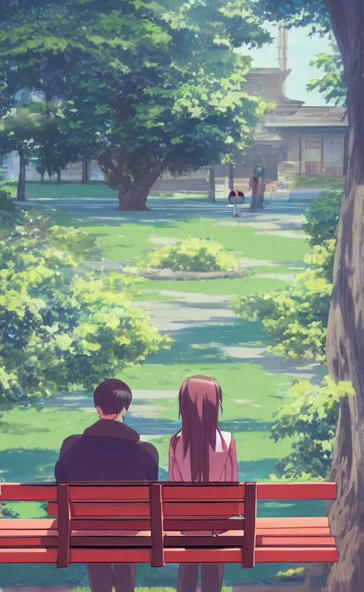 Prompt: a midshot perspective of a guy and a girl sitting on a bench together both blushing and looking away, slice of life anime digital art, 4k ultra