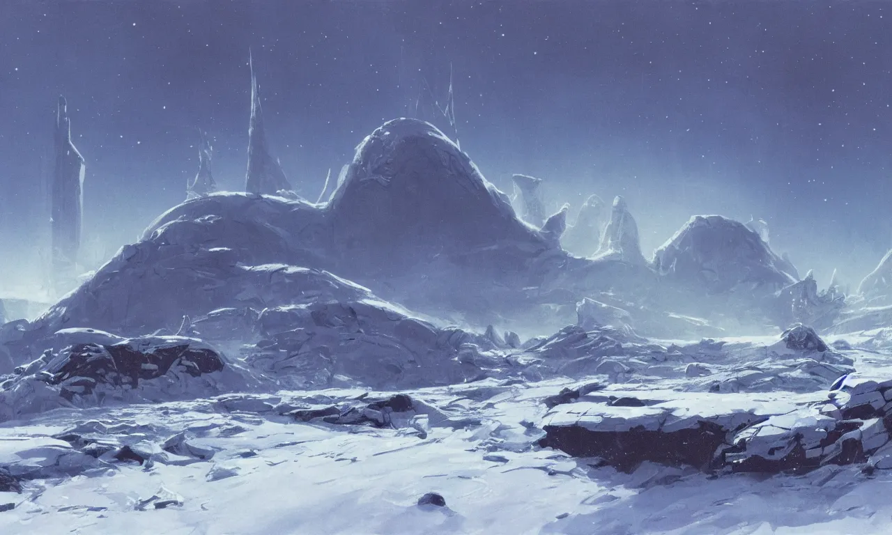 Image similar to frozen wasteland frontiers with clouds and fog on an alien science-fiction planet with distant mountains and snow, ravine in the middle, derelict spaceship covered in snow in the background, by Syd Mead, Federico Pelat