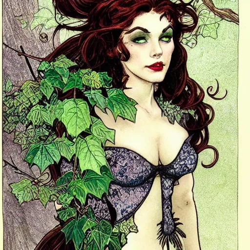 Prompt: a beautiful and detailed tarot card of a seductive poison ivy dressed as a lawyer in the big city, dark eyeliner, intricate, elegant, highly detailed, digital painting, artstation, concept art, matte, sharp focus, illustration, art by rebecca guay and by arthur rackham and by alphonse mucha and by john william waterhouse