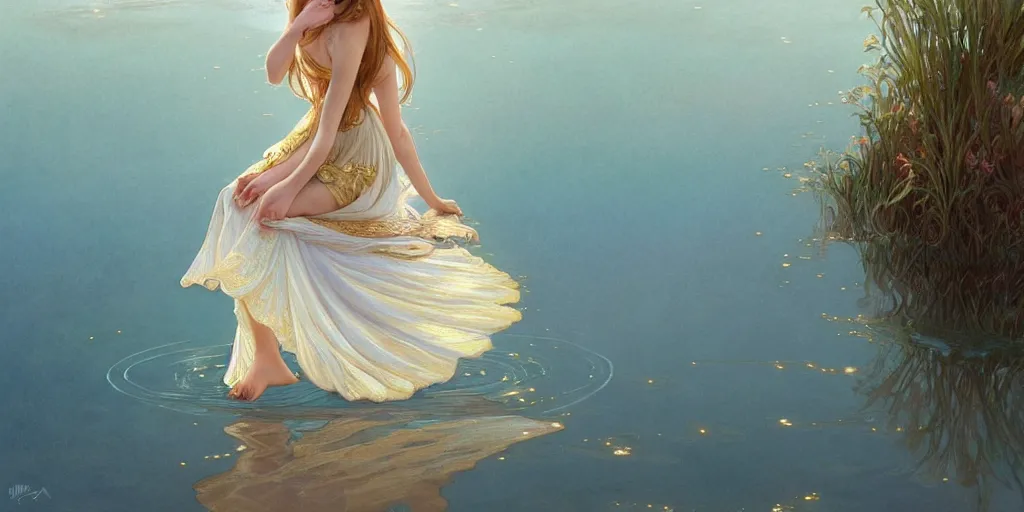 Image similar to highly detailed portrait of a barefoot white skirt girl stand on the water, water surface reflection, the calm sea level, ultra wide angle, gold filigree, romantic storybook fantasy, soft cinematic lighting, award, disney concept art watercolor illustration by mandy jurgens and alphonse mucha and alena aenami, pastel color palette, featured on artstation