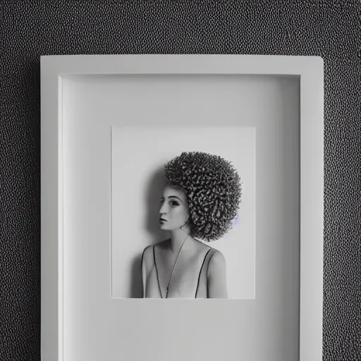 Image similar to symmetrical human portrait of lisa simpson with pearls and with blonde curly hair, grainy high contrast black and white photography photo print ilford warm tone