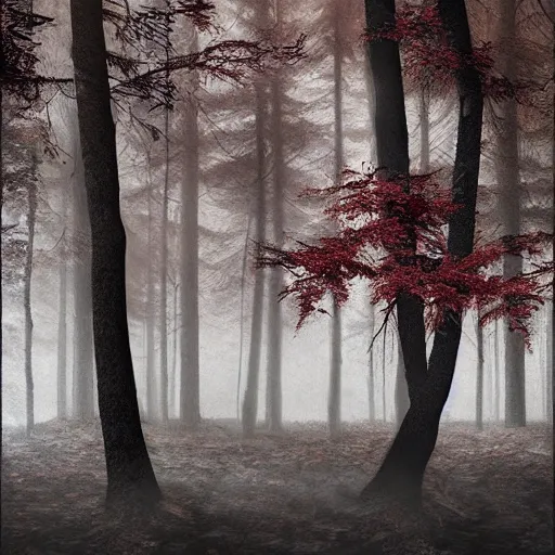 Prompt: Deep dark moody forest, red fog on the ground, Bleak. big stones, Dark mood. Mysterious. Doom. Realistic painting. photobashing, matte painting, highly detailed