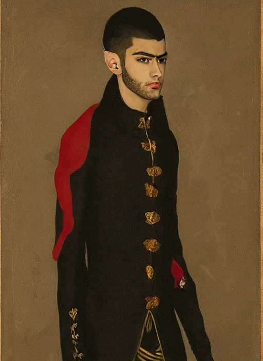 Image similar to portrait of zayn malik as an elf by turner, only one head single portrait, pointy ears, wearing a black leather napoleonic military jacket