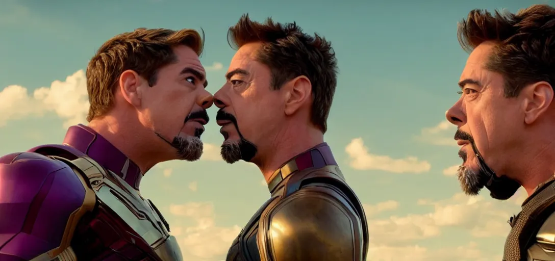 Prompt: a very high resolution image from a new movie. thanos kissing tony stark on a lake, photorealistic, photography, directed by wes anderson