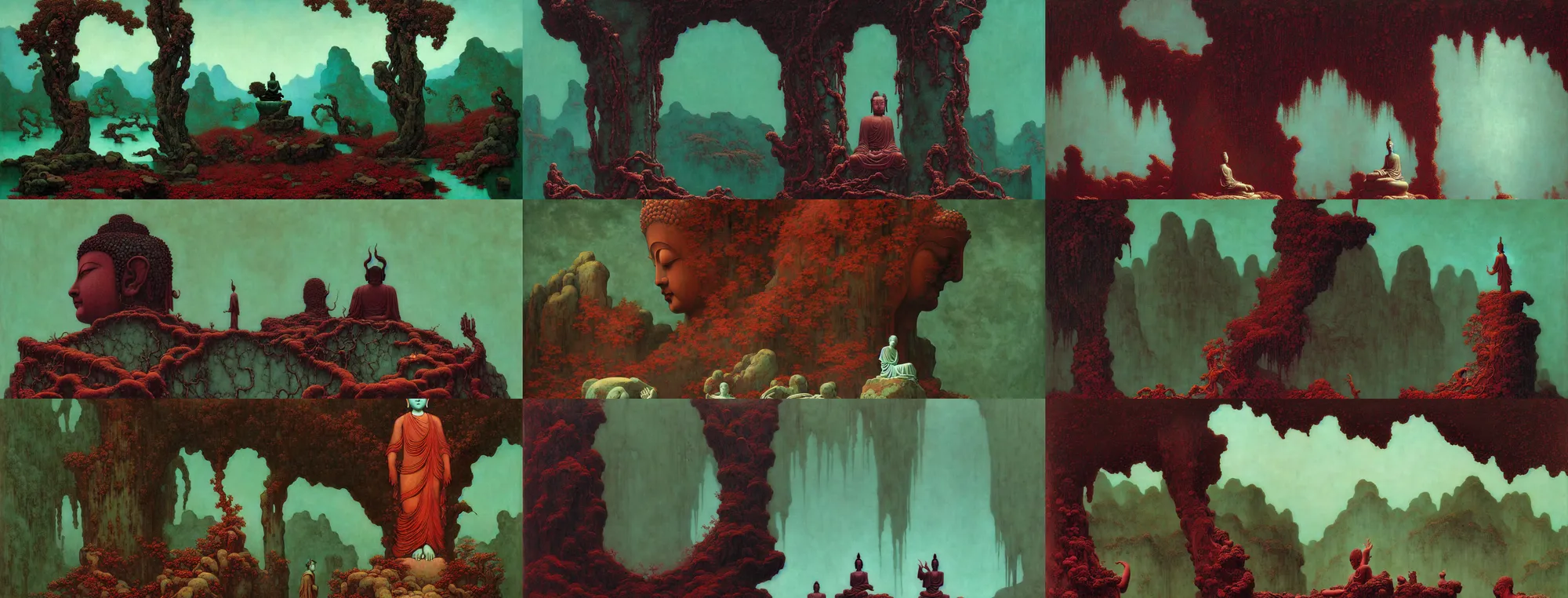 Image similar to a gorgeous bleak autumn painting by barlowe wayne, maxfield parrish, gustave dore and marco mazzoni. close - up shot on a lonely huge wet chinese buddha statue, broken, stone gate to the dark cave, vines. tiffany blue, maroon, blackish green. the winding stone steps. ultra clear detailed. 3 d, octane render. turbulent blood lake.