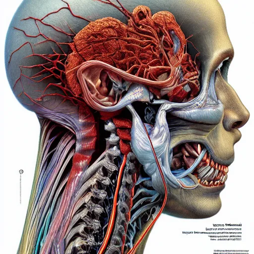 Image similar to nightmare etherreal iridescent vascular nerve bundles pearlescent spinal chord horror by naoto hattori, zdzislaw, norman rockwell, studio ghibli, anatomical cutaway
