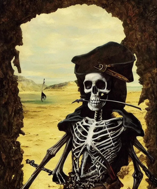 Image similar to ultra realistic color portrait painting of an skeletal 1 7 th century pirate with a sword in a grotto, dark, painted, brooding, atmospheric, seascape, lovecraft, horror, smooth, epic, highly detailed, cinematic, by angus mcbride