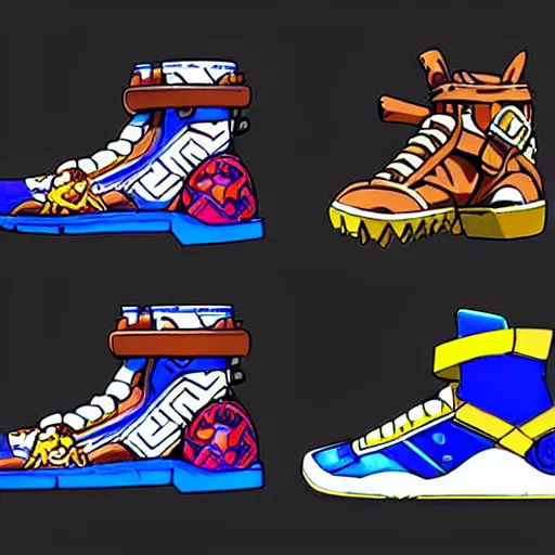 Image similar to fantasy jrpg sneaker design designed by capcom megaman, chrono trigger guilty gear sneaker styles, aztec mayan street fashion native punk sneaker design, focus on megaman hip hop sneaker design with subtle mayan patterns, trending on pixiv fanbox, painted by akira toriyama and studio ghibli princess mononoke megaman capcom