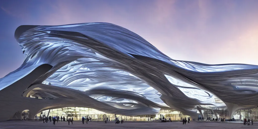 Image similar to extremely detailed ornate stunning beautiful elegant futuristic museum exterior by Zaha Hadid, stunning volumetric light, sunset, 8k