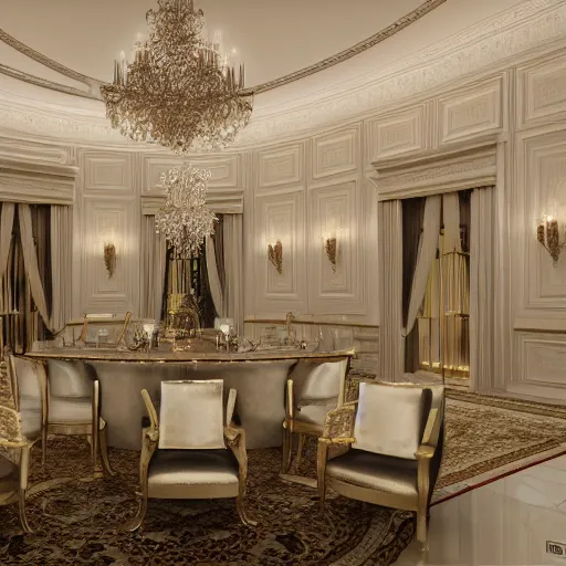 Image similar to extremly detailed luxurious white house interior with champagne on the table, 8 k, octane render, ray traced, global illumination, ultra detailed, photorealistic
