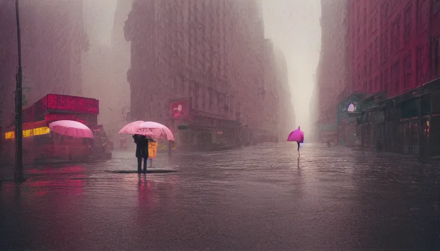 Prompt: gediminas pranckevicius street of new york photography, night, rain, mist, a umbrella pink, cinestill 8 0 0 t, in the style of william eggleston