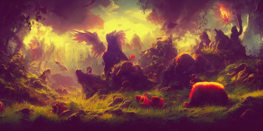 Prompt: all of our pets go to heaven, colorful, contrast, 3 d scene, greg rutkowski, zabrocki, karlkka, jayison devadas, trending on artstation, 8 k, ultra wide angle, zenith view, pincushion lens effect