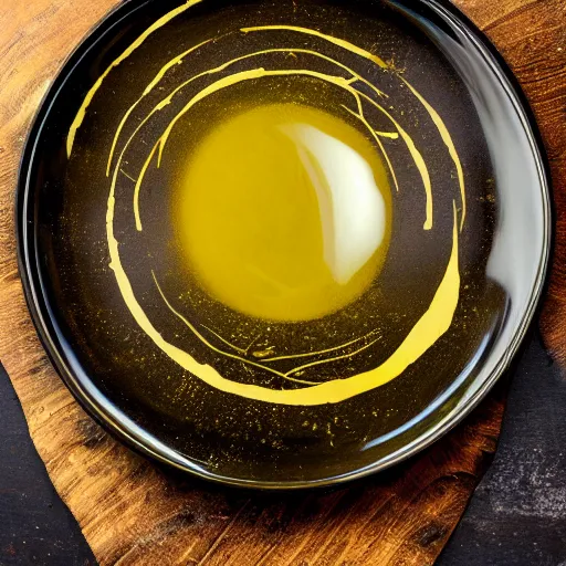 Prompt: olive oil and vinegar drizzled on a plate in the shape of the solar system