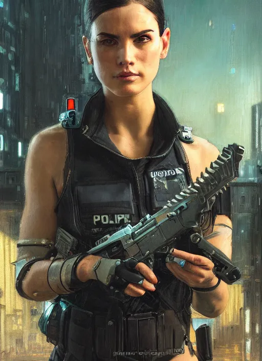 Image similar to 🤼♀. cyberpunk police trooper in a military vest ( blade runner 2 0 4 9, cyberpunk 2 0 7 7 ). orientalist portrait by john william waterhouse and james gurney and theodore ralli and nasreddine dinet, oil on canvas. cinematic, hyper realism, realistic proportions, dramatic lighting, high detail 4 k