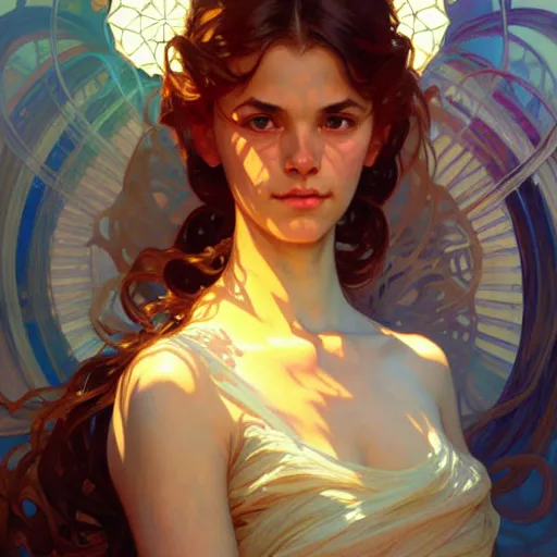 Image similar to Portrait of girl surrounded by floating nodes, face, fantasy, intricate, elegant, highly detailed, digital painting, artstation, concept art, smooth, sharp focus, illustration, art by Greg Manchess and Fernanda Suarez and Artem Demura and alphonse mucha