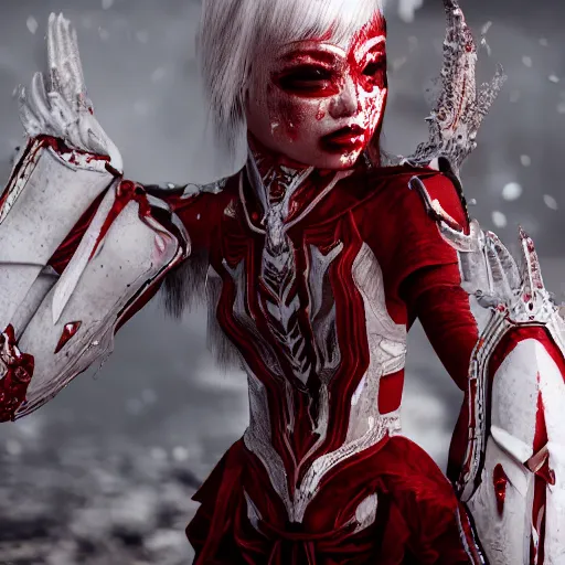 Prompt: beautiful albino Asian girl armor covered in blood, unreal engine octane, red and white, portrait, gliter, depth of field, 8k, hyper detailed