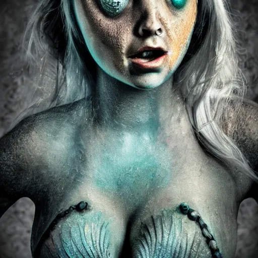 Image similar to a mermaid with horrific face cinematic low saturation close up shot