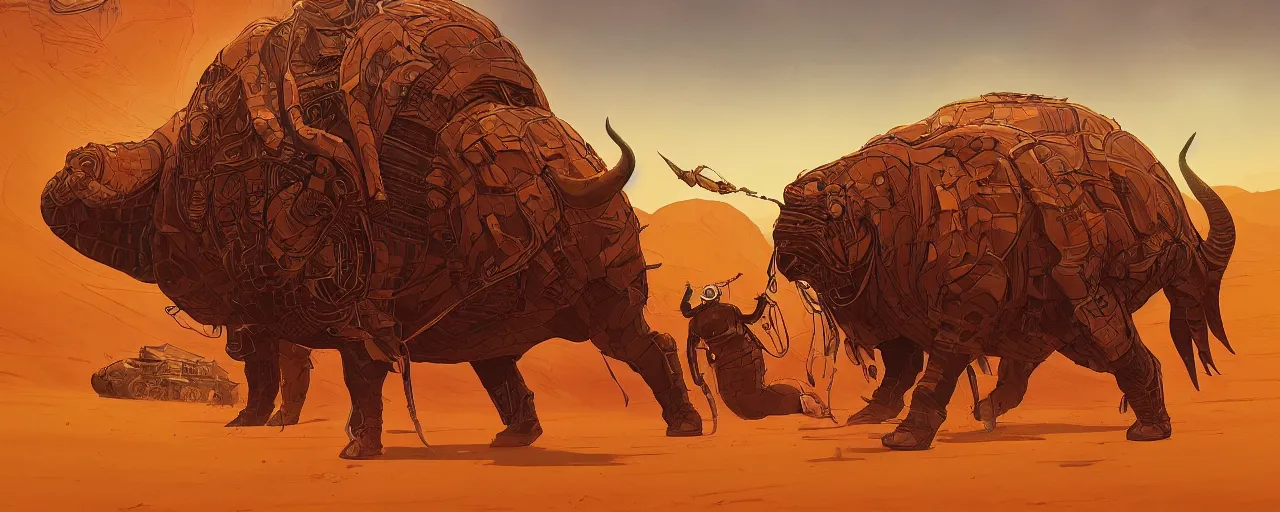 Prompt: detailed painting of dune movie, desert landscape, huge bull emerging from the sand, trending on artstation, by josan gonzalez, flat colors