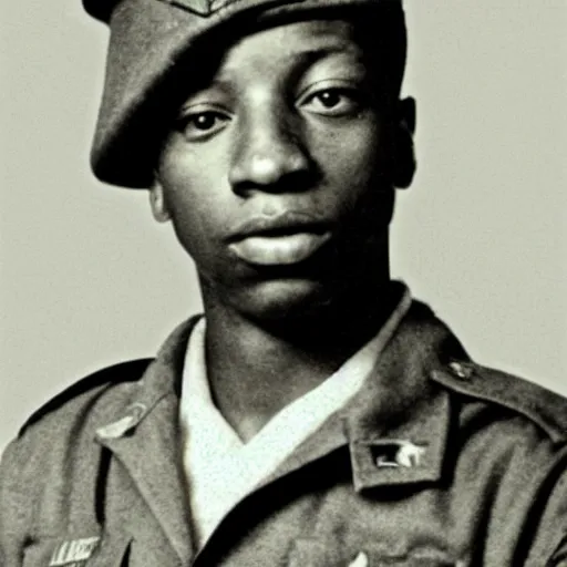 Prompt: Joey Badass as a soldier during WW2, black and white photo, grainy