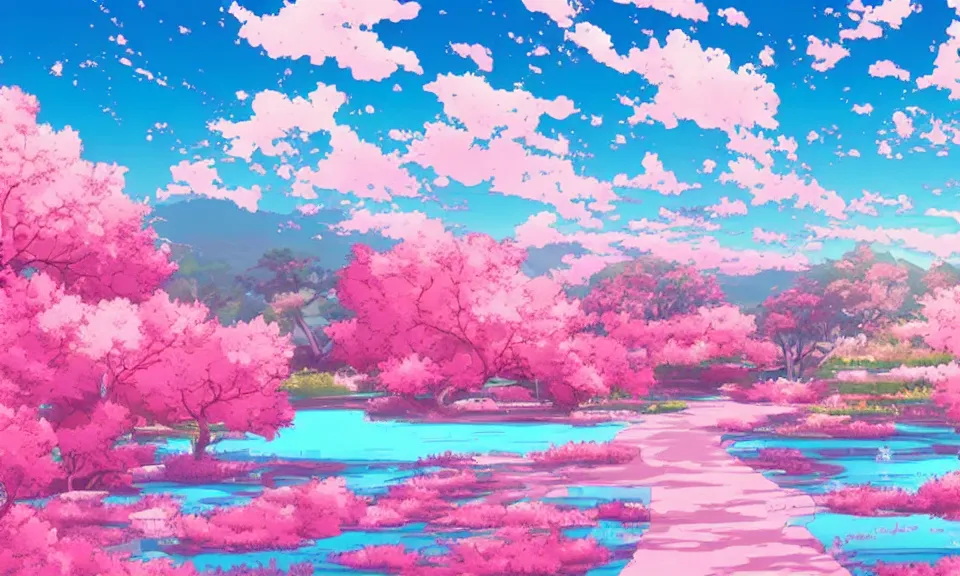 Image similar to a beautiful pink landscape, anime style