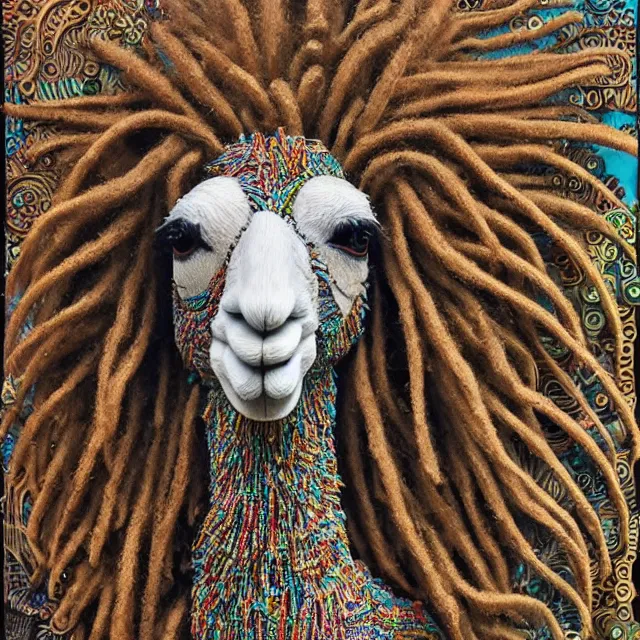 Image similar to llama with dreadlocks, detailed, by ernst haeckel, james jean, el anatsui, mandy jurgens